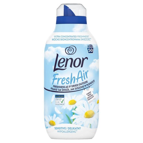 Lenor Fresh Air, skoncentrowany płyn do płukania tkanin na 50 prań. Delikatny i hipoalergiczny, z zapachem świeżości suszonej na zewnątrz.