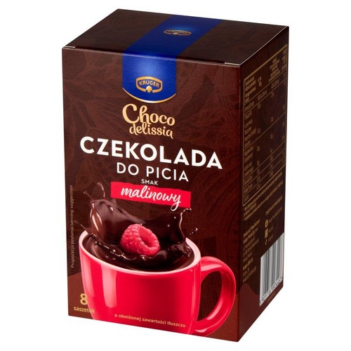 Pudełko czekolady do picia Kruger Choco delissia, smak malinowy. Opakowanie zawiera 8 saszetek. Na etykiecie widnieje grafika przedstawiająca kubek z czekoladą i maliną. Produkt o obniżonej zawartości tłuszczu.