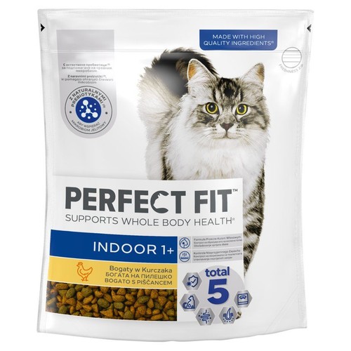 Karma Perfect Fit Indoor 1+ z kurczakiem, wspierająca zdrowie całego ciała kotów domowych. Opakowanie z grafiką puszystego kota, informacją o naturalnych prebiotykach i 5 kluczowych korzyściach zdrowotnych. Z wysokiej jakości składników.