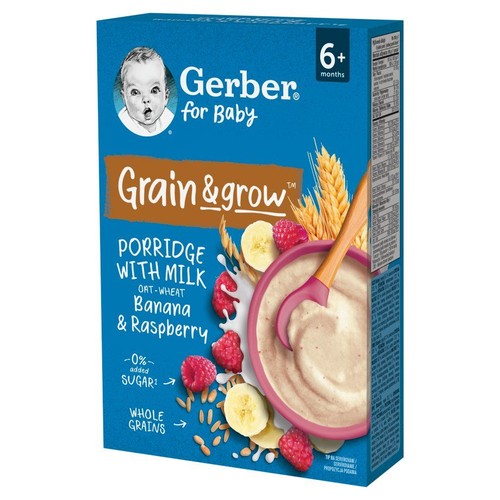 Opakowanie kaszki Gerber Grain & Grow dla niemowląt 6+ miesięcy. Smak owsiano-pszenny z bananem i maliną, 0% dodanego cukru.