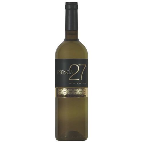 Wino Esencia 27 Verdejo de Rueda w klasycznej butelce z przezroczystego szkła. Główna etykieta jest czarna, z dużym, złotym napisem "Esencia 27" oraz "Verdejo de Rueda". Na dole etykiety znajduje się informacja, że jest to wino ekologiczne.