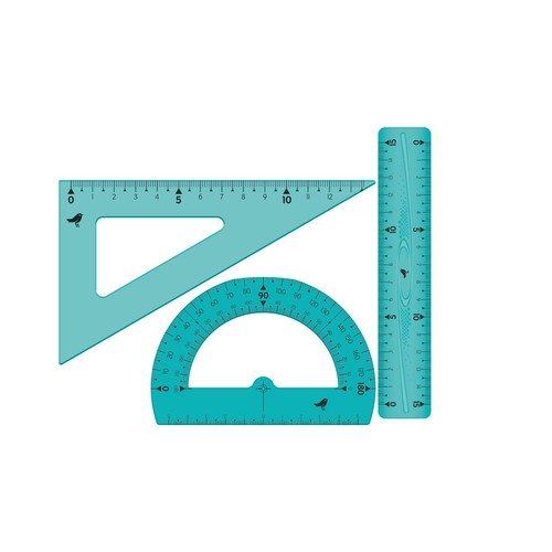 Zestaw turkusowych przyborów geometrycznych: linijka 15 cm, ekierka 12 cm i kątomierz 180 stopni. Każdy element ma białe podziałki i małego ptaszka.
