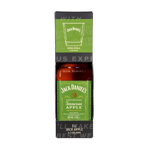 Zestaw prezentowy Jack Daniel's Tennessee Apple w zielono-czarnym opakowaniu. Zawiera butelkę 1 litr, 35% objętości alkoholu, oraz szklankę. Na etykiecie napis "Crisp & Delicious Tennessee Apple Original Recipe".