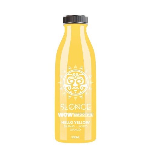 Żółta butelka Słońce Wow Smoothie Hello Yellow o pojemności 330 ml. Na etykiecie widnieje biała grafika stylizowanego słońca oraz nazwa produktu. Smak ananas, kokos i mango. Butelka ma czarną zakrętkę.