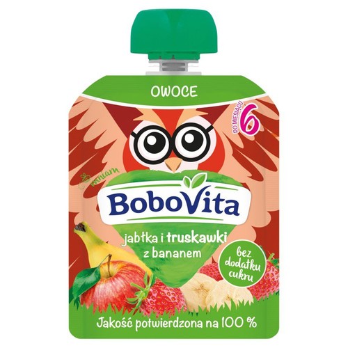 Saszetka BoboVita z przecierem owocowym: jabłka, truskawki, banany. Dla dzieci po 6 miesiącu, bez cukru.