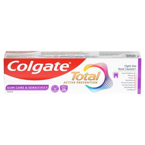 Pasta do zębów Colgate Total Active Prevention Pielęgnacja dziąseł i wrażliwość. Zapewnia 24-godzinną ochronę antybakteryjną.