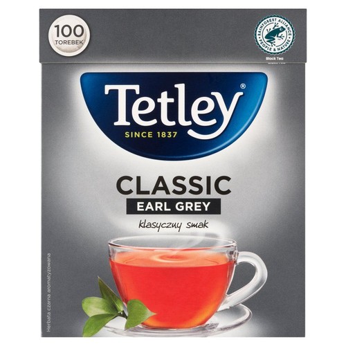 Czarna herbata Tetley Earl Grey, 100 torebek. Pudełko z logo Rainforest Alliance i napisem "klasyczny smak".