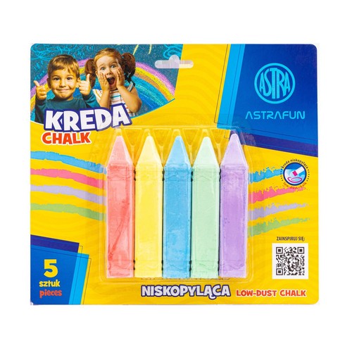 Kreda niskopyląca Astra Astrafun, 5 sztuk w kolorach: czerwony, żółty, niebieski, zielony, fioletowy.