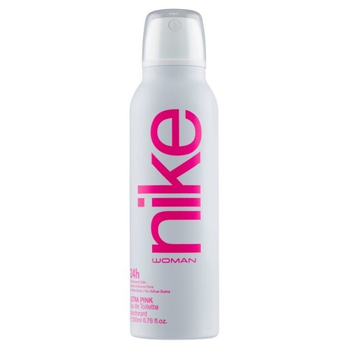 Biała puszka dezodorantu Nike Woman Ultra Pink, 200 ml. Ma różowe, pionowe logo Nike i napisy.