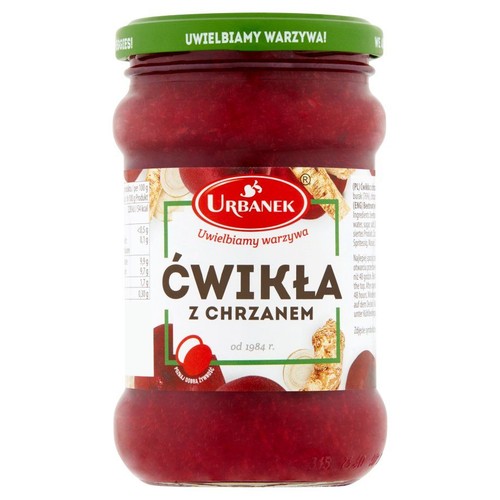 Ćwikła z chrzanem Urbanek w szklanym słoiku z zieloną nakrętką. Na etykiecie ilustracje buraków i chrzanu. Waga 270g.