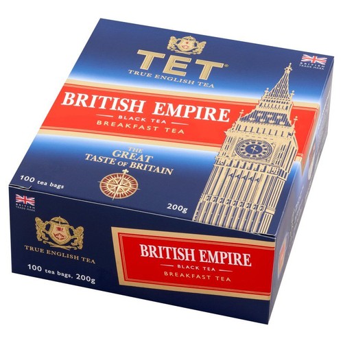 Pudełko herbaty TET British Empire, czarna herbata, 100 torebek. Na opakowaniu złoty Big Ben i kompas.