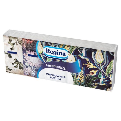 Produkt Regina Harmonia w prostokątnym opakowaniu. Widoczny wzór z liśćmi i kwiatami na ciemnym tle.