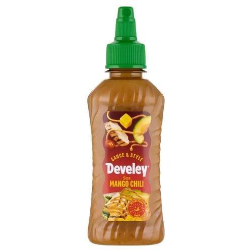 Produkt: sos Develey Mango Chili w plastikowej butelce z zieloną nakrętką. Na etykiecie znajduje się ilustracja kurczaka, mango, awokado oraz gotowego dania. Widoczny jest napis "Sos i styl" oraz "Inspirująca kuchnia tajska".