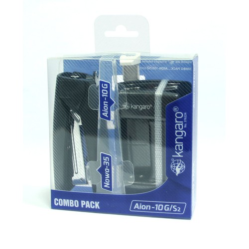 Zestaw biurowy Kangaro Combo Pack, składający się z czarnego zszywacza Nowa-35 i czarnego rozszywacza Aion-10G. Produkty są widoczne przez przezroczyste, plastikowe opakowanie z niebieskimi akcentami i logo Kangaro.