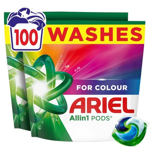 Opakowanie Ariel Allin1 PODS do koloru, 100 prań. Widoczna jedna kapsułka do prania.
