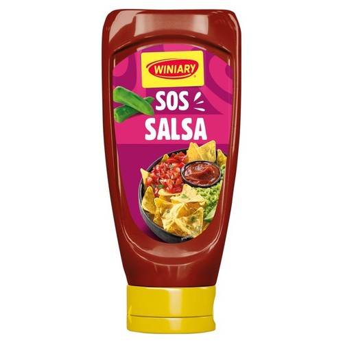 Winiary Sos Salsa w ciemnoczerwonej butelce z żółtą nakrętką. Na etykiecie papryczki chili i miska z nachos.
