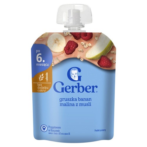 Saszetka Gerber z przecierem owocowo-zbożowym dla dzieci po 6. miesiącu. Smak gruszka, banan, malina z musli. Na opakowaniu ilustracje owoców i płatków. Produkt bez dodatku cukru, przygotowany w Rzeszowie.