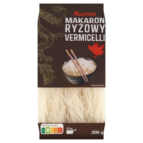 Makaron ryżowy Vermicelli Auchan w opakowaniu 200 g. Na górze brązowe tło ze złotym smokiem, na dole widoczne nitki makaronu.