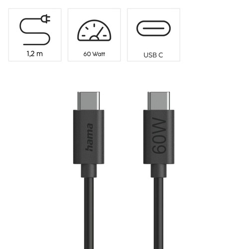 Kabel USB-C Hama, czarny, 1,2 metra, z obsługą ładowania 60 Watt.