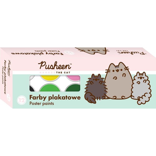 Opakowanie farb plakatowych Pusheen, zawierające 12 kolorów po 20 ml każdy. Na pudełku widnieje napis "Pusheen THE CAT" oraz grafika przedstawiająca trzy koty. Okienko ukazuje fragmenty farb w kolorach żółtym, zielonym, czarnym i różowym.