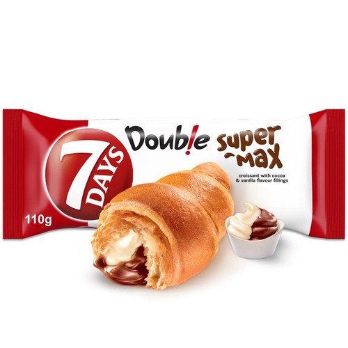 Opakowanie rogalika 7 DAYS Double Super Max 110g. Na opakowaniu grafika rogalika z nadzieniem kakaowym i waniliowym.