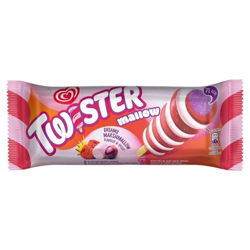 Opakowanie loda Twister Mallow. Przedstawia spiralnego loda na patyku w kolorach czerwonym, białym i fioletowym. Smak pianek i owoców.