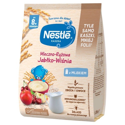 Opakowanie kaszki Nestle Mleczno-Ryżowej Jabłko-Wiśnia. Produkt dla niemowląt po 8. miesiącu, z mlekiem i immunoskładnikami.