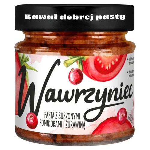 Produkt Wawrzyniec: pasta z suszonych pomidorów i żurawiny w przezroczystym słoiku. Etykieta zawiera nazwę, opis składu oraz akwarelowe ilustracje pomidorów i żurawiny. Na zakrętce widnieje hasło "Kawał dobrej pasty".