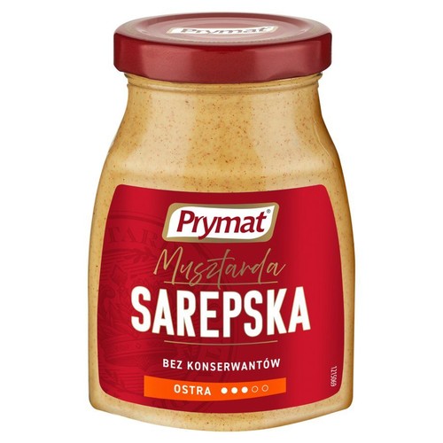Słoik musztardy Sarepskiej Prymat, 180 gramów. Etykieta czerwona, informuje o braku konserwantów i ostrym smaku.