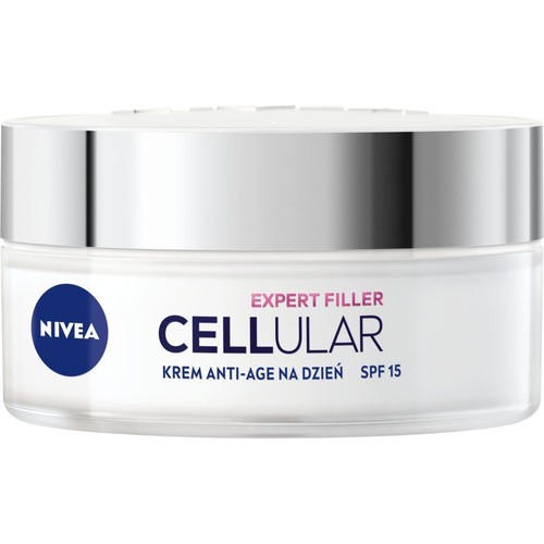 Nivea Cellular Expert Filler, krem anti-age na dzień, SPF 15. Biały słoiczek z srebrną nakrętką.