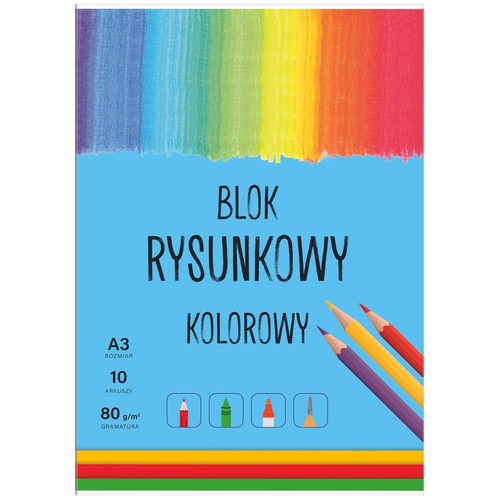 Blok rysunkowy A3 z 10 kolorowymi arkuszami o gramaturze 80 g/m². Jasnoniebieska okładka z górnym tęczowym wzorem i dolnymi paskami. Widoczne grafiki kredek, flamastra, kredki świecowej i pędzla.