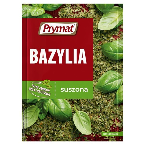 Suszona bazylia marki Prymat. Opakowanie z grafiką świeżych i suszonych ziół.