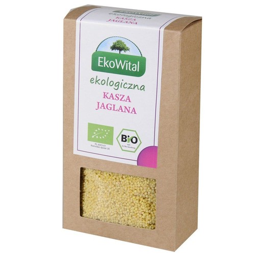 Pionowe, brązowe opakowanie kartonowe ekologicznej kaszy jaglanej marki EkoWital. Na białej etykiecie zielone logo z drzewem, nazwa produktu i certyfikaty ekologiczne, w tym BIO. Przezroczyste okienko ukazuje żółte ziarna kaszy.