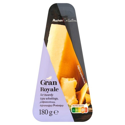 Ser Gran Royale Auchan Collection, twardy, typu włoskiego, podpuszczkowy. Dojrzewał 9 miesięcy. Na opakowaniu grafika przedstawiająca duży klin sera z widoczną strukturą. Produkt o wadze 180 g.