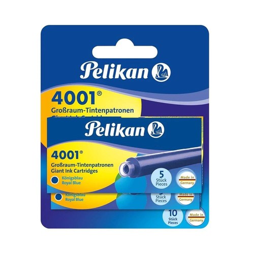Naboje atramentowe Pelikan 4001® w kolorze królewskiego niebieskiego. Opakowanie zawiera 10 sztuk. Wyprodukowano w Niemczech.