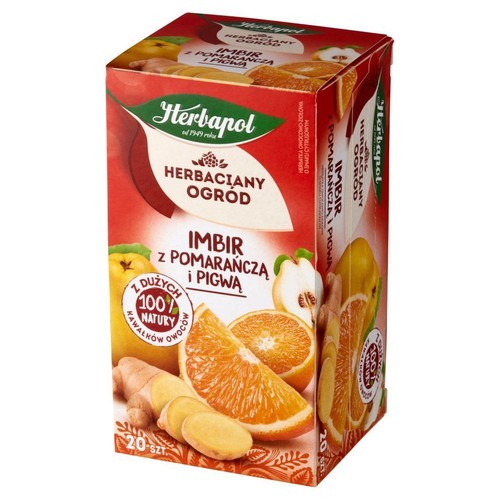Opakowanie herbaty Herbapol Imbir z Pomarańczą i Pigwą. Czerwone pudełko z owocami i napisem "20 szt.".