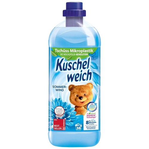 Płyn do płukania Kuschelweich Letni Wiatr, butelka 38 prań. Z misiem i niebieskim kwiatem. Bez mikroplastiku.