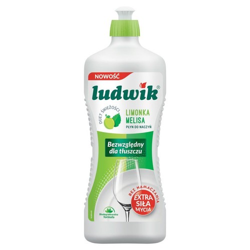 Ludwik płyn do naczyń o zapachu limonki i melisy. Biała butelka z zieloną etykietą. Biodegradowalna formuła.