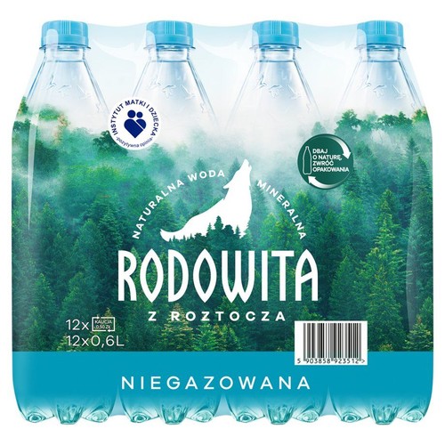 Zgrzewka 12 butelek wody mineralnej Rodowita Niegazowana z Roztocza, każda po 0.6 litra. Etykieta przedstawia mglisty las i sylwetkę wyjącego wilka. Produkt z pozytywną opinią Instytutu Matki i Dziecka.