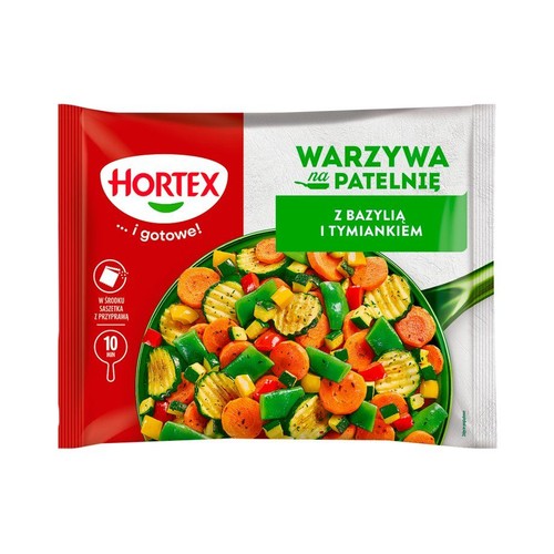 Opakowanie Hortex Warzywa na Patelnię z bazylią i tymiankiem. Na grafice warzywa w patelni. W środku saszetka z przyprawą.