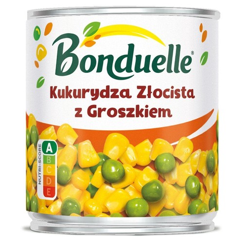 Metalowa puszka Bonduelle z etykietą Kukurydza Złocista z Groszkiem. Widoczne ziarna kukurydzy i groszek.