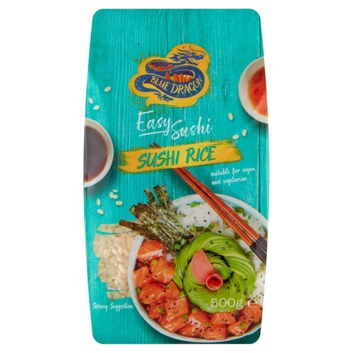 Opakowanie ryżu do sushi Blue Dragon Easy Sushi, 500g. Na opakowaniu grafika miski z ryżem, łososiem, awokado i wodorostami.