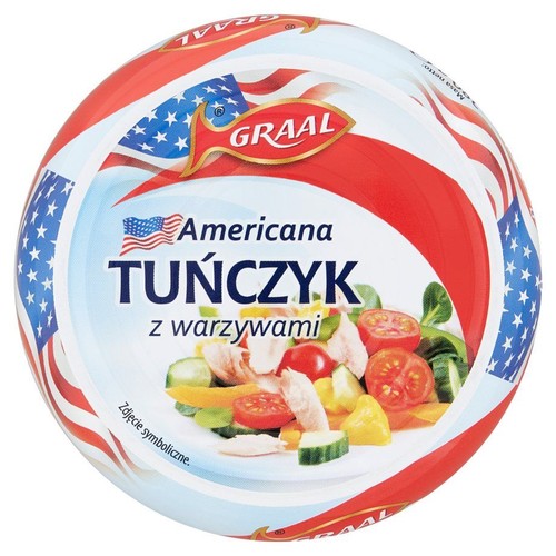 Okrągłe opakowanie GRAAL Tuńczyk z warzywami. Design w barwach flagi USA, z logo i symbolicznym zdjęciem tuńczyka.