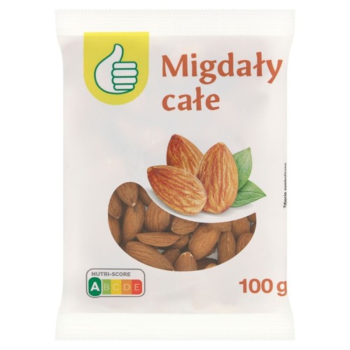 Biała torebka z całymi migdałami, 100 g. Na opakowaniu napis "Migdały całe" i zielony symbol kciuka w górę.