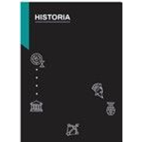 Okładka w ciemnym kolorze z tytułem "HISTORIA" podkreślonym białą linią. W tle znajdują się białe, uproszczone grafiki symbolizujące historię, takie jak cel, starożytny budynek, mózg, waza i średniowieczna machina wojenna.