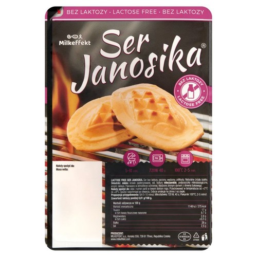 Opakowanie sera Janosika Milkeffekt. Produkt bez laktozy, z dwoma grillowanymi serami na etykiecie.
