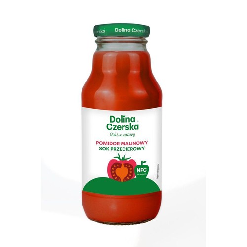 Szklana butelka soku przecierowego z pomidorów malinowych marki Dolina Czerska. Na białej etykiecie widnieje nazwa produktu "Soki z natury" oraz grafika czerwonego pomidora. Produkt oznaczony jako NFC (nie z koncentratu).