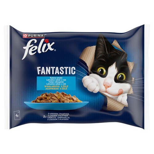 Ciemnoniebieskie opakowanie karmy Felix Fantastic dla kota, 4x rybne smaki w galaretce. Widoczna miska z jedzeniem i rysunek kota.