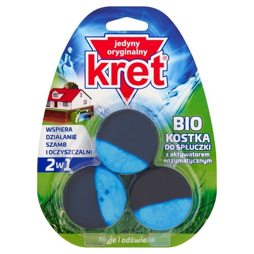 Opakowanie 3 kostek Kret Bio do spłuczki. Produkt 2w1 myje i odświeża, wspiera szamba i oczyszczalnie.
