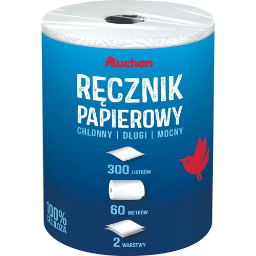 Ręcznik papierowy 2 warstwowy mocny 300 listków Auchan 1 rolka